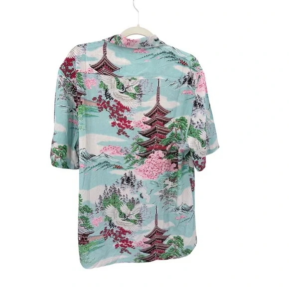 7Diamonds Mens Five Story Pagoda Japanese Print Rayon Shirt Blue Large SMK-6279 - Picture 2 of 7
